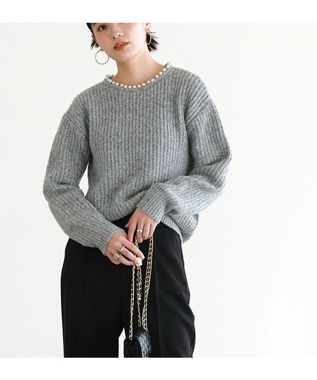【ピエロ/Pierrot】のパールネックニット インテリア・キッズ・メンズ・レディースファッション・服の通販 founy(ファニー) ファッション Fashion レディースファッション Fashion for Women トップス・カットソー Cut & Sew Tops ニット Knit Tops & Sweaters パール Pearl, Pearl Accent プチプライス・低価格 Affordable / Budget Price 畦 Ribbed Knit グレー|ID: prp329100003783400 ipo3291000000028277208