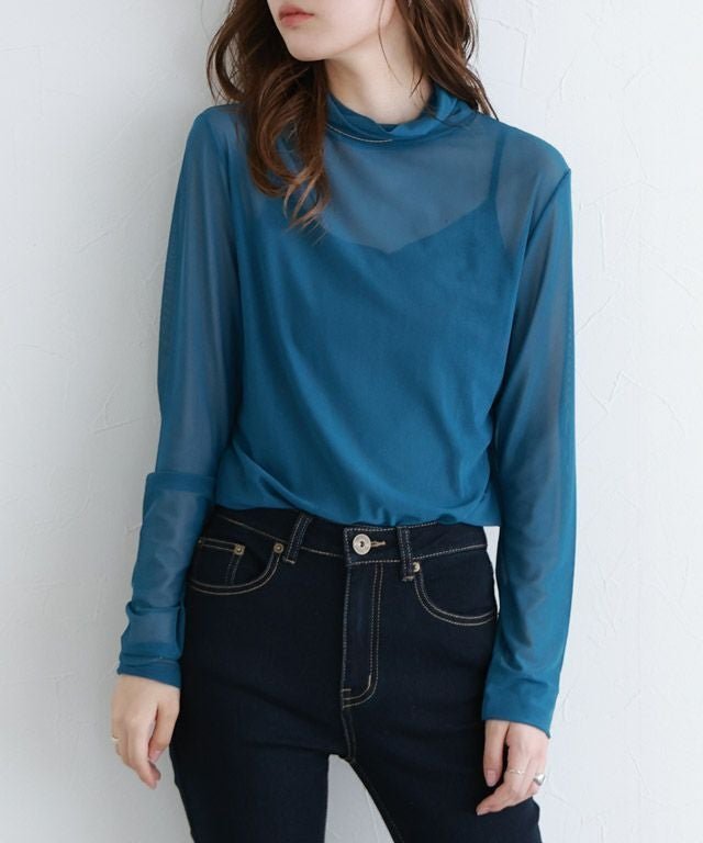 【ピエロ/Pierrot】のチュールハイネックトップス インテリア・キッズ・メンズ・レディースファッション・服の通販 founy(ファニー) 　ファッション　Fashion　レディースファッション　Fashion for Women　トップス・カットソー　Cut & Sew Tops　おすすめ　Recommended / Our Picks　シンプル　Simple, Minimal　ジャケット　Jacket, Outerwear　チュール　Tulip, Tulip Motif　プチプライス・低価格　Affordable / Budget Price　インディゴブルー|ID: prp329100003783420 ipo3291000000036043606