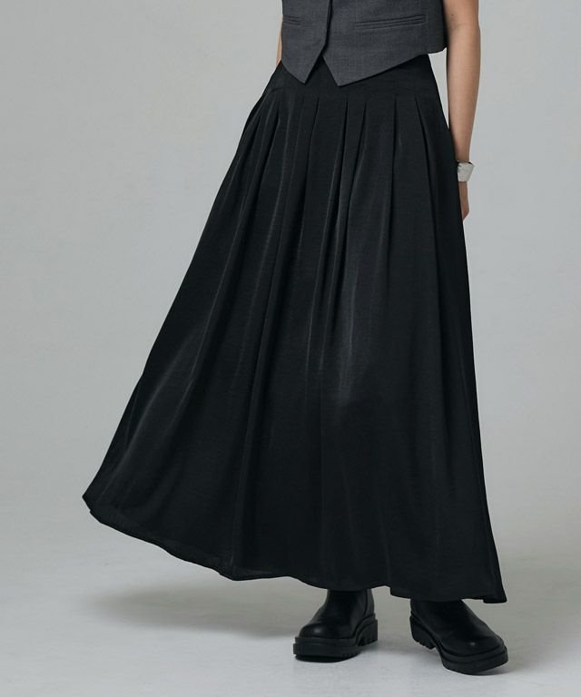 【ピエロ/Pierrot】のRASW サテンタックフレアスカート インテリア・キッズ・メンズ・レディースファッション・服の通販 founy(ファニー) 　ファッション　Fashion　レディースファッション　Fashion for Women　スカート　Skirts　Aライン・フレアスカート　A-Line & Flared Skirts　サテン　Satin, Glossy Fabric　シンプル　Simple, Minimal　ドレープ　Drape, Draping Fabric　フレア　Flare, Flared　プチプライス・低価格　Affordable / Budget Price　166cm / ブラック / M|ID: prp329100003828888 ipo3291000000029526235