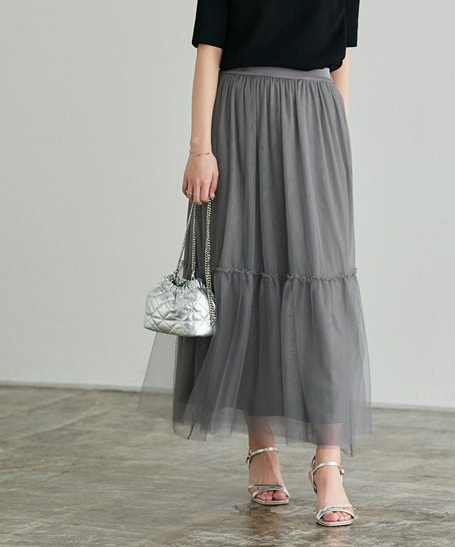 【ピエロ/Pierrot】の【アウトレットSALE!】ティアードチュールスカート インテリア・キッズ・メンズ・レディースファッション・服の通販 founy(ファニー) 　ファッション　Fashion　レディースファッション　Fashion for Women　スカート　Skirts　アウトレット　Outlet / Clearance　おすすめ　Recommended / Our Picks　スウェット / スエット　Sweatshirt, Sweatwear　ダウン　Down, Puffer　チュール　Tulip, Tulip Motif　フェミニン　Feminine, Girly　プチプライス・低価格　Affordable / Budget Price　チャコール|ID: prp329100003839633 ipo3291000000035934582