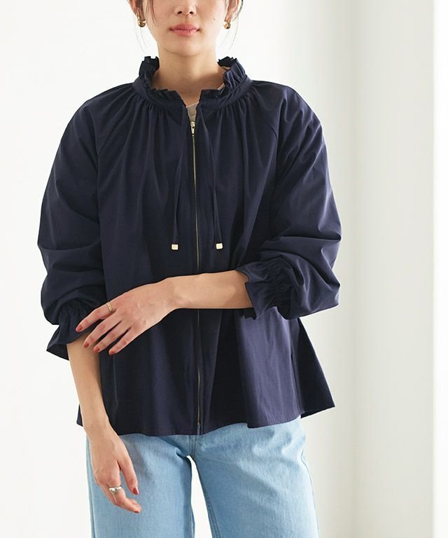【ピエロ/Pierrot】のフリルギャザーブルゾン インテリア・キッズ・メンズ・レディースファッション・服の通販 founy(ファニー) 　ファッション　Fashion　レディースファッション　Ladies' Fashion Online　アウター　Coat Outerwear　ジャケット　Jackets　ブルゾン　Blouson/Jackets　スリーブ　Sleeve　フェミニン　Feminine　フリル　Frills　プチプライス・低価格　Affordable　ベーシック　Basic　ネイビー|ID: prp329100003881659 ipo3291000000032604795