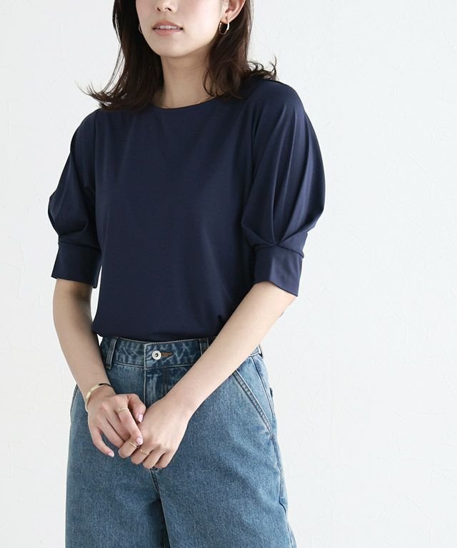 【ピエロ/Pierrot】の接触冷感パフスリーブTシャツ インテリア・キッズ・メンズ・レディースファッション・服の通販 founy(ファニー) 　ファッション　Fashion　レディースファッション　WOMEN　トップス・カットソー　Tops/Tshirt　シャツ/ブラウス　Shirts/Blouses　ロング / Tシャツ　T-Shirts　送料無料　Free Shipping　カットソー　Cut And Sew　カフス　Cuffs　シンプル　Simple　スリーブ　Sleeve　プチプライス・低価格　Affordable　エレガント 上品　Elegant　167cm / ネイビー / M|ID: prp329100003889036 ipo3291000000032051919