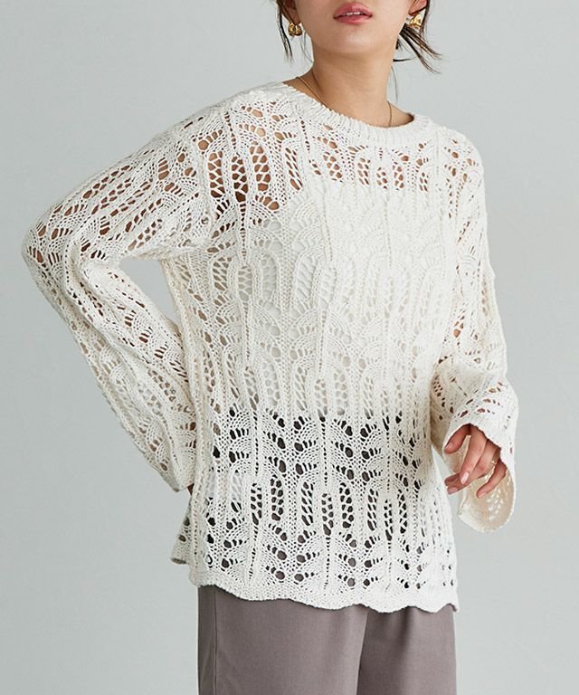 【ピエロ/Pierrot】のクロシェ編みニット インテリア・キッズ・メンズ・レディースファッション・服の通販 founy(ファニー) 　ファッション　Fashion　レディースファッション　Fashion for Women　トップス・カットソー　Cut & Sew Tops　ニット　Knit Tops & Sweaters　クロシェ　Crochet, Knitted Lace　プチプライス・低価格　Affordable / Budget Price　ルーズ　Loose, Oversized　エレガント 上品　Elegant　166cm / アイボリー / M|ID: prp329100003910420 ipo3291000000036124093