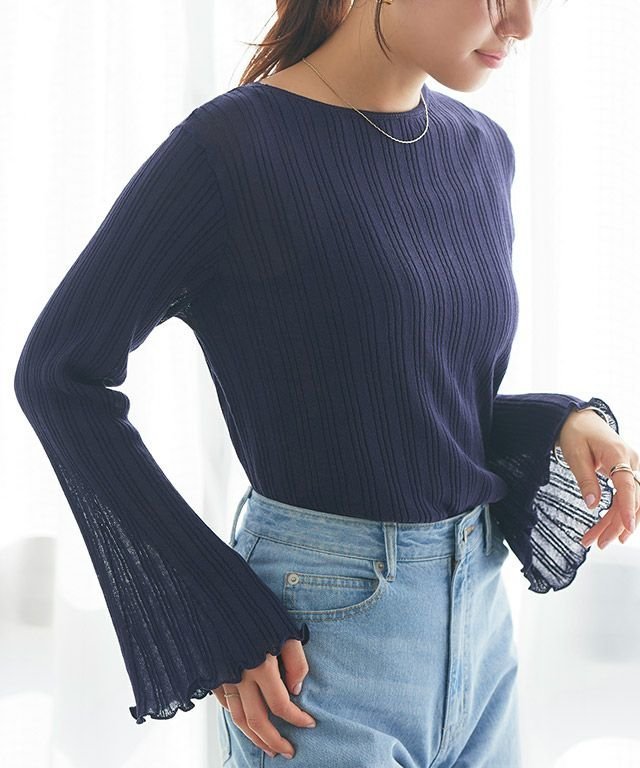 【ピエロ/Pierrot】のシアーフレアスリーブリブニット インテリア・キッズ・メンズ・レディースファッション・服の通販 founy(ファニー) 　ファッション　Fashion　レディースファッション　Ladies' Fashion Online　トップス・カットソー　Tops/Tshirt　ニット　Knit Tops　シアー　Sheer　フィット　Fit　フェミニン　Feminine　フレア　Flare　プチプライス・低価格　Affordable　ランダム　Random　166cm / ネイビー / M|ID: prp329100003917782 ipo3291000000029492575