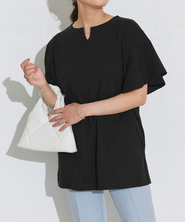【ピエロ/Pierrot】の丈が選べるフレアスリーブキーネックカットソー 人気、トレンドファッション・服の通販 founy(ファニー) 　ファッション　Fashion　レディースファッション　Fashion for Women　トップス・カットソー　Cut & Sew Tops　カットソー・ベーシックTシャツ　Cut-and-Sewn Tops / Stretch Tees & Basics　送料無料　Free Shipping　スリット　Slit, Slit Detail　スリーブ　Sleeve, Long Sleeve / Short Sleeve　フェミニン　Feminine, Girly　フレア　Flare, Flared　プチプライス・低価格　Affordable / Budget Price　ミドル　Middle Length, Mid Height　ロング　Long, Long-Length　 other-1|ID: prp329100003921640 ipo3291000000032604889