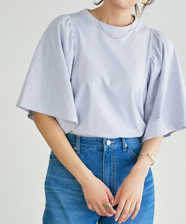 【ピエロ/Pierrot】のギャザースリーブTシャツ インテリア・キッズ・メンズ・レディースファッション・服の通販 founy(ファニー) 　ファッション　Fashion　レディースファッション　WOMEN　トップス・カットソー　Tops/Tshirt　シャツ/ブラウス　Shirts/Blouses　ロング / Tシャツ　T-Shirts　送料無料　Free Shipping　ギャザー　Gather　シンプル　Simple　スリーブ　Sleeve　フレア　Flare　プチプライス・低価格　Affordable　再入荷　Restock/Back In Stock/Re Arrival　166cm / アイスブルー / M|ID: prp329100003921642 ipo3291000000031172876