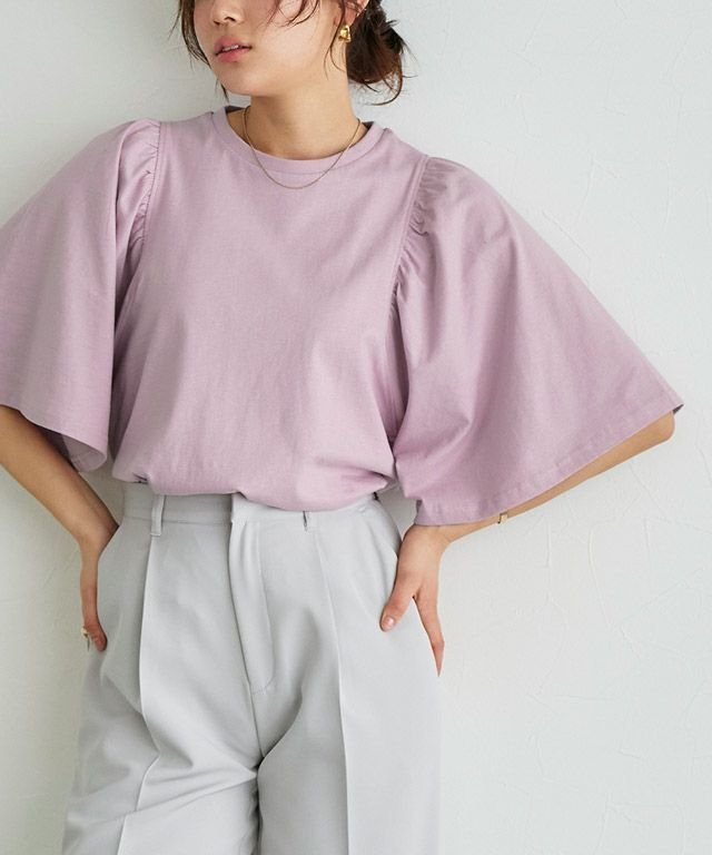 【ピエロ/Pierrot】のギャザースリーブTシャツ インテリア・キッズ・メンズ・レディースファッション・服の通販 founy(ファニー) 　ファッション　Fashion　レディースファッション　WOMEN　トップス・カットソー　Tops/Tshirt　シャツ/ブラウス　Shirts/Blouses　ロング / Tシャツ　T-Shirts　送料無料　Free Shipping　ギャザー　Gather　シンプル　Simple　スリーブ　Sleeve　フレア　Flare　プチプライス・低価格　Affordable　再入荷　Restock/Back In Stock/Re Arrival　166cm / ライトピンク / M|ID: prp329100003921642 ipo3291000000031172879