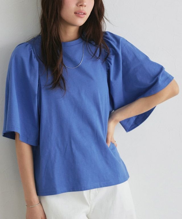 【ピエロ/Pierrot】のギャザースリーブTシャツ インテリア・キッズ・メンズ・レディースファッション・服の通販 founy(ファニー) 　ファッション　Fashion　レディースファッション　WOMEN　トップス・カットソー　Tops/Tshirt　シャツ/ブラウス　Shirts/Blouses　ロング / Tシャツ　T-Shirts　送料無料　Free Shipping　ギャザー　Gather　シンプル　Simple　スリーブ　Sleeve　フレア　Flare　プチプライス・低価格　Affordable　再入荷　Restock/Back In Stock/Re Arrival　166cm / ブルー / M|ID: prp329100003921642 ipo3291000000031172880