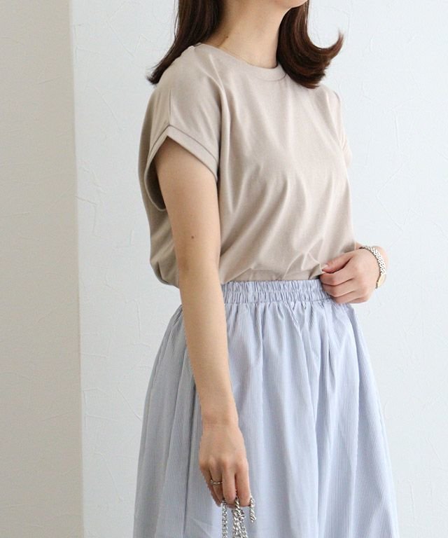 【ピエロ/Pierrot】のネックが選べる綿100%フレンチスリーブベーシックTシャツ【Vネック/クルーネック】 インテリア・キッズ・メンズ・レディースファッション・服の通販 founy(ファニー) 　ファッション　Fashion　レディースファッション　Fashion for Women　トップス・カットソー　Cut & Sew Tops　シャツ・ブラウス・オフィスカジュアル　Elegant Blouses & Button-Ups　ロングTシャツ・Tシャツ　Longline T-Shirts & Tees　Vネックトップス　V-Neck Tops / V-Cut Neckline Shirts　送料無料　Free Shipping　スリーブ　Sleeve, Long Sleeve / Short Sleeve　フレンチ　French, French Style　プチプライス・低価格　Affordable / Budget Price　ベーシック　Basic, Essential　150cm / サンドベージュ / クルーネック / M|ID: prp329100003963960 ipo3291000000032115206