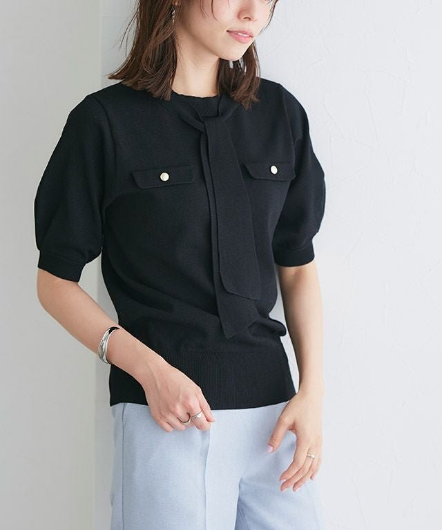 【ピエロ/Pierrot】のリネンタッチボウタイポケットニット 人気、トレンドファッション・服の通販 founy(ファニー) 　ファッション　Fashion　レディースファッション　Fashion for Women　トップス・カットソー　Cut & Sew Tops　ニット　Knit Tops & Sweaters　スリーブ　Sleeve, Long Sleeve / Short Sleeve　プチプライス・低価格　Affordable / Budget Price　エレガント 上品　Elegant　 other-1|ID: prp329100003963969 ipo3291000000036124958