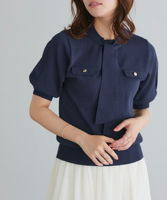 【ピエロ/Pierrot】のリネンタッチボウタイポケットニット インテリア・キッズ・メンズ・レディースファッション・服の通販 founy(ファニー) 　ファッション　Fashion　レディースファッション　Fashion for Women　トップス・カットソー　Cut & Sew Tops　ニット　Knit Tops & Sweaters　スリーブ　Sleeve, Long Sleeve / Short Sleeve　プチプライス・低価格　Affordable / Budget Price　エレガント 上品　Elegant　ネイビー|ID: prp329100003963969 ipo3291000000036124961