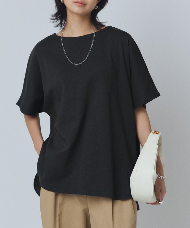 【ピエロ/Pierrot】のRASW コーマコットンオーバーTシャツ インテリア・キッズ・メンズ・レディースファッション・服の通販 founy(ファニー) 　ファッション　Fashion　レディースファッション　Fashion for Women　トップス・カットソー　Cut & Sew Tops　シャツ・ブラウス・オフィスカジュアル　Elegant Blouses & Button-Ups　ロングTシャツ・Tシャツ　Longline T-Shirts & Tees　スリット　Slit, Slit Detail　プチプライス・低価格　Affordable / Budget Price　ラウンド　Round, Round Neck　エレガント 上品　Elegant　166cm / ブラック / M|ID: prp329100003963973 ipo3291000000036125005