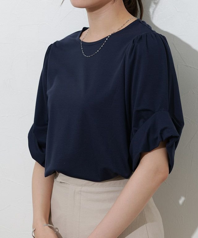 【ピエロ/Pierrot】の接触冷感バルーンスリーブTシャツ インテリア・キッズ・メンズ・レディースファッション・服の通販 founy(ファニー) 　ファッション　Fashion　レディースファッション　WOMEN　トップス・カットソー　Tops/Tshirt　シャツ/ブラウス　Shirts/Blouses　ロング / Tシャツ　T-Shirts　送料無料　Free Shipping　カットソー　Cut And Sew　シンプル　Simple　スリーブ　Sleeve　バルーン　Balloon　プチプライス・低価格　Affordable　エレガント 上品　Elegant　ネイビー|ID: prp329100003987344 ipo3291000000032402417