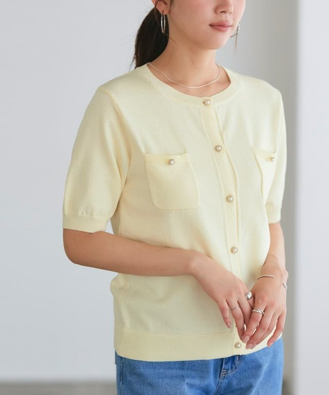 【ピエロ/Pierrot】のパフスリーブニットカーディガン インテリア・キッズ・メンズ・レディースファッション・服の通販 founy(ファニー) 　ファッション　Fashion　レディースファッション　Fashion for Women　トップス・カットソー　Cut & Sew Tops　ニット　Knit Tops & Sweaters　カーディガン・羽織り　Layered Style Cardigans　ウォッシャブル　Machine Washable　スリーブ　Sleeve, Long Sleeve / Short Sleeve　パール　Pearl, Pearl Accent　フェミニン　Feminine, Girly　プチプライス・低価格　Affordable / Budget Price　ポケット　Pocket, Pocket Detail　165cm / クリームイエロー / M|ID: prp329100004041135 ipo3291000000035516671