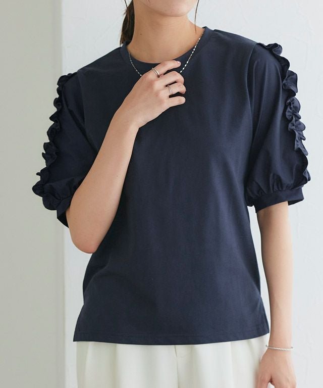 【ピエロ/Pierrot】の【イージーケア】デザインが選べるフリルドッキングカットソー インテリア・キッズ・メンズ・レディースファッション・服の通販 founy(ファニー) 　ファッション　Fashion　レディースファッション　Fashion for Women　トップス・カットソー　Cut & Sew Tops　カットソー・ベーシックTシャツ　Cut-and-Sewn Tops / Stretch Tees & Basics　インナー　Innerwear　シンプル　Simple, Minimal　フリル　Frill, Ruffle　プチプライス・低価格　Affordable / Budget Price　ボトム　Bottoms, Lower Wear　エレガント 上品　Elegant　167cm / ネイビー / 袖フリル / M|ID: prp329100004060804 ipo3291000000036122335
