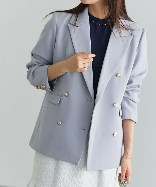 【ピエロ/Pierrot】の【D会場】ダブルボタンテーラードジャケット インテリア・キッズ・メンズ・レディースファッション・服の通販 founy(ファニー) 　ファッション　Fashion　レディースファッション　Fashion for Women　アウター　Coat / Outerwear Collection　レディースジャケット・軽アウター　Jackets　テーラードジャケット / 通勤・きれいめスタイル　Tailored Jackets & Blazers　おすすめ　Recommended / Our Picks　クラシック　Classic, Timeless Style　ジャケット　Jacket, Outerwear　セットアップ　Set-Up, Coordinated Outfit　ダブル　Double, Double-Breasted　トレンド　Trend, Trending Now　プチプライス・低価格　Affordable / Budget Price　エレガント 上品　Elegant　定番　Standard, Basic Item　166cm / グレイッシュブルー / M|ID: prp329100004120981 ipo3291000000035935743