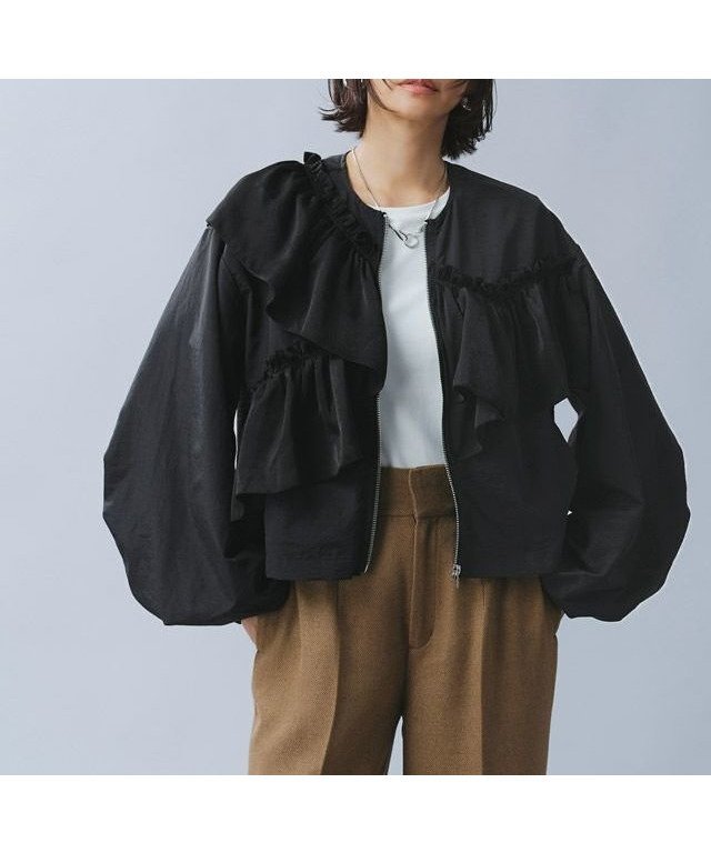 【ピエロ/Pierrot】のRASW フリルブルゾン インテリア・キッズ・メンズ・レディースファッション・服の通販 founy(ファニー) 　ファッション　Fashion　レディースファッション　WOMEN　アウター　Coat Outerwear　ジャケット　Jackets　ブルゾン　Blouson/Jackets　アシンメトリー　Asymmetry　ギャザー　Gather　クロップド　Cropped　コンパクト　Compact　ドッキング　Docking　フリル　Frills　ブルゾン　Blouson　プチプライス・低価格　Affordable　165cm / ブラック / M|ID: prp329100004123568 ipo3291000000030140130