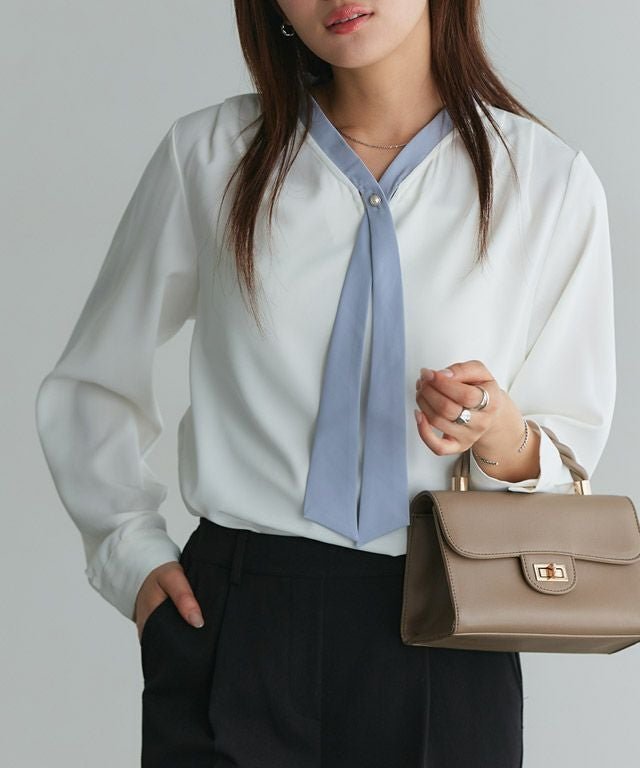 【ピエロ/Pierrot】のタイデザインブラウス インテリア・キッズ・メンズ・レディースファッション・服の通販 founy(ファニー) ファッション Fashion レディースファッション Fashion for Women トップス・カットソー Cut & Sew Tops シャツ・ブラウス・オフィスカジュアル Elegant Blouses & Button-Ups プチプライス・低価格 Affordable / Budget Price 166cm / オフホワイト×グレイッシュブルー / M|ID: prp329100004136423 ipo3291000000036123146