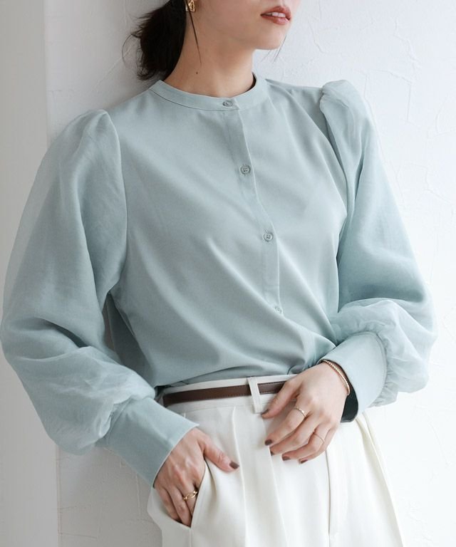 【ピエロ/Pierrot】の2wayオーガンジースリーブブラウス インテリア・キッズ・メンズ・レディースファッション・服の通販 founy(ファニー) 　ファッション　Fashion　レディースファッション　WOMEN　トップス・カットソー　Tops/Tshirt　シャツ/ブラウス　Shirts/Blouses　送料無料　Free Shipping　オーガンジー　Organdy　ドッキング　Docking　フェミニン　Feminine　プチプライス・低価格　Affordable　167cm / ブルー / M|ID: prp329100004136444 ipo3291000000031216467
