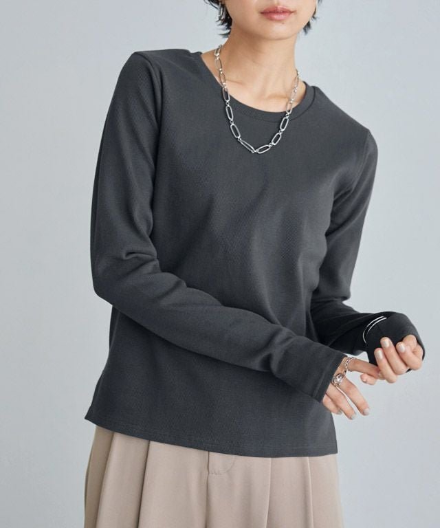 【ピエロ/Pierrot】のRASW 機能付きテレコUネックカットソー インテリア・キッズ・メンズ・レディースファッション・服の通販 founy(ファニー) 　ファッション　Fashion　レディースファッション　Fashion for Women　トップス・カットソー　Cut & Sew Tops　カットソー・ベーシックTシャツ　Cut-and-Sewn Tops / Stretch Tees & Basics　送料無料　Free Shipping　シンプル　Simple, Minimal　スリーブ　Sleeve, Long Sleeve / Short Sleeve　テレコ　Ribbed, Rib Stitch　プチプライス・低価格　Affordable / Budget Price　ベーシック　Basic, Essential　ロング　Long, Long-Length　166cm / チャコール / M|ID: prp329100004151902 ipo3291000000036120720