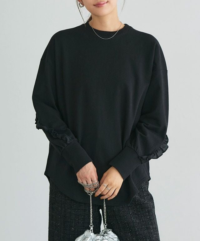 【ピエロ/Pierrot】のライトスウェットフリルデザインプルオーバー インテリア・キッズ・メンズ・レディースファッション・服の通販 founy(ファニー) 　ファッション　Fashion　レディースファッション　Fashion for Women　トップス・カットソー　Cut & Sew Tops　レディースパーカー・カジュアルフーディー　Casual Hoodies & Sweatshirts　カジュアルプルオーバー・ニットトップス　Pullovers & Knit Tops / Casual Pullovers　スウェット・クルーネックトップス　Sweatshirts & Crewnecks / Relaxed Fit Sweat Tops　フリル　Frill, Ruffle　プチプライス・低価格　Affordable / Budget Price　166cm / ブラック / M|ID: prp329100004166396 ipo3291000000036121036