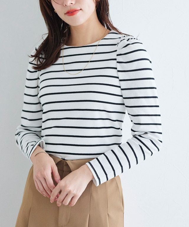 【ピエロ/Pierrot】のパフスリーブテレコリブカットソー インテリア・キッズ・メンズ・レディースファッション・服の通販 founy(ファニー) 　ファッション　Fashion　レディースファッション　Fashion for Women　トップス・カットソー　Cut & Sew Tops　カットソー・ベーシックTシャツ　Cut-and-Sewn Tops / Stretch Tees & Basics　おすすめ　Recommended / Our Picks　インナー　Innerwear　キャミワンピース　Cami Dress, Slip Dress　ギャザー　Gathered, Ruffled　スリーブ　Sleeve, Long Sleeve / Short Sleeve　トレンド　Trend, Trending Now　プチプライス・低価格　Affordable / Budget Price　167cm / オフホワイト×ブラック / M|ID: prp329100004373357 ipo3291000000036068453