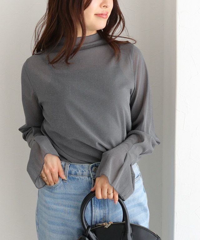 【ピエロ/Pierrot】のネックと柄が選べるフレアスリーブシアーカットソー インテリア・キッズ・メンズ・レディースファッション・服の通販 founy(ファニー) 　ファッション　Fashion　レディースファッション　Fashion for Women　トップス・カットソー　Cut & Sew Tops　カットソー・ベーシックTシャツ　Cut-and-Sewn Tops / Stretch Tees & Basics　シアー　Sheer, See-Through　ドット　Polka Dot, Dot Pattern　ハイネック　High Neck, Mock Neck　プチプライス・低価格　Affordable / Budget Price　ロング　Long, Long-Length　157cm / ラメ / チャコール / ハイネック / M|ID: prp329100004378422 ipo3291000000035623165