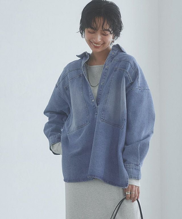 【ピエロ/Pierrot】のRASW デニムプルオーバーシャツ インテリア・キッズ・メンズ・レディースファッション・服の通販 founy(ファニー) 　ファッション　Fashion　レディースファッション　Fashion for Women　トップス・カットソー　Cut & Sew Tops　シャツ・ブラウス・オフィスカジュアル　Elegant Blouses & Button-Ups　カジュアルプルオーバー・ニットトップス　Pullovers & Knit Tops / Casual Pullovers　スリット　Slit, Slit Detail　デニム　Denim, Jeans Material　プチプライス・低価格　Affordable / Budget Price　ポケット　Pocket, Pocket Detail　メタル　Metal, Metal Parts　[RASW]デニムプルオーバーシャツ|ID: prp329100004390598 ipo3291000000036119579