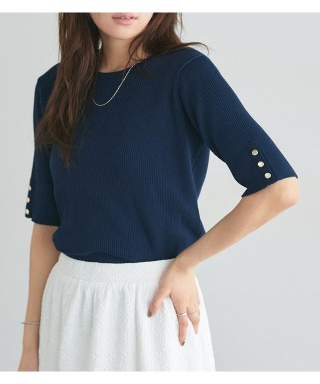 【ピエロ/Pierrot】の袖ボタンニットプルオーバー インテリア・キッズ・メンズ・レディースファッション・服の通販 founy(ファニー) 　ファッション　Fashion　レディースファッション　Fashion for Women　トップス・カットソー　Cut & Sew Tops　ニット　Knit Tops & Sweaters　カジュアルプルオーバー・ニットトップス　Pullovers & Knit Tops / Casual Pullovers　インナー　Innerwear　フィット　Fit, Slim Fit　プチプライス・低価格　Affordable / Budget Price　夏　Summer　秋　Autumn　166cm / ネイビー / M|ID: prp329100004441372 ipo3291000000035896280