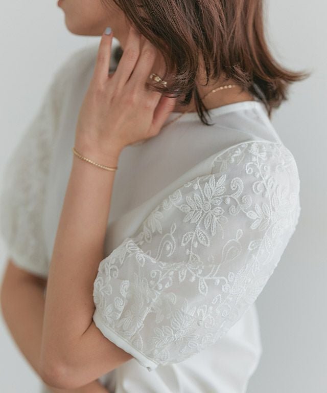 【ピエロ/Pierrot】の袖チュールレースブラウス インテリア・キッズ・メンズ・レディースファッション・服の通販 founy(ファニー) 　ファッション　Fashion　レディースファッション　Fashion for Women　トップス・カットソー　Cut & Sew Tops　シャツ・ブラウス・オフィスカジュアル　Elegant Blouses & Button-Ups　チュール　Tulip, Tulip Motif　トレンド　Trend, Trending Now　バランス　Balance, Style Balance　プチプライス・低価格　Affordable / Budget Price　ラウンド　Round, Round Neck　レース　Lace, Lace Fabric　167cm / オフホワイト / M|ID: prp329100004465010 ipo3291000000035896390