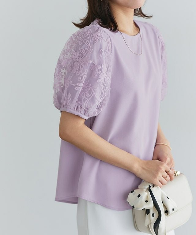 【ピエロ/Pierrot】の袖チュールレースブラウス インテリア・キッズ・メンズ・レディースファッション・服の通販 founy(ファニー) 　ファッション　Fashion　レディースファッション　Fashion for Women　トップス・カットソー　Cut & Sew Tops　シャツ・ブラウス・オフィスカジュアル　Elegant Blouses & Button-Ups　チュール　Tulip, Tulip Motif　トレンド　Trend, Trending Now　バランス　Balance, Style Balance　プチプライス・低価格　Affordable / Budget Price　ラウンド　Round, Round Neck　レース　Lace, Lace Fabric　167cm / ラベンダー / M|ID: prp329100004465010 ipo3291000000035896392