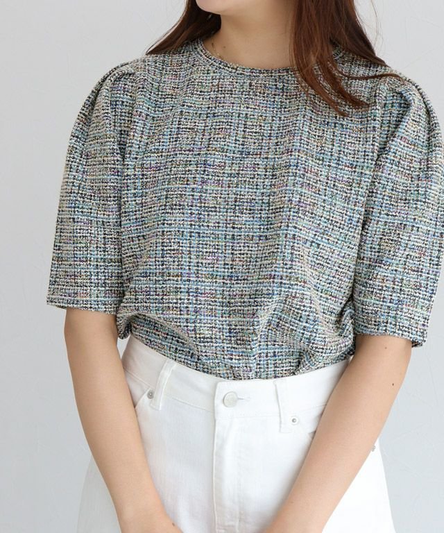 【ピエロ/Pierrot】のツイードパフスリーブカットソー インテリア・キッズ・メンズ・レディースファッション・服の通販 founy(ファニー) 　ファッション　Fashion　レディースファッション　WOMEN　トップス・カットソー　Tops/Tshirt　カットソー　Cut and Sewn　送料無料　Free Shipping　おすすめ　Recommend　カットソー　Cut And Sew　ストレッチ　Stretch　スリーブ　Sleeve　ツイード　Tweed　デニム　Denim　プチプライス・低価格　Affordable　エレガント 上品　Elegant　157cm / ブルー / M|ID: prp329100004475663 ipo3291000000032140116
