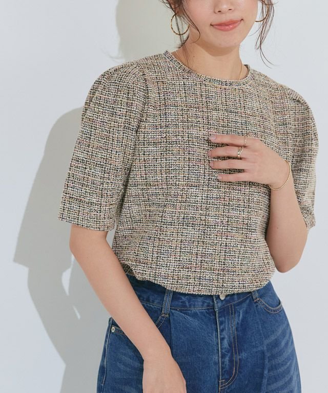 【ピエロ/Pierrot】のツイードパフスリーブカットソー インテリア・キッズ・メンズ・レディースファッション・服の通販 founy(ファニー) 　ファッション　Fashion　レディースファッション　Fashion for Women　トップス・カットソー　Cut & Sew Tops　カットソー・ベーシックTシャツ　Cut-and-Sewn Tops / Stretch Tees & Basics　おすすめ　Recommended / Our Picks　カットソー　Cut and Sewn Top　ストレッチ　Stretch, Stretchy Fabric　スリーブ　Sleeve, Long Sleeve / Short Sleeve　ツイード　Twill, Twill Weave　デニム　Denim, Jeans Material　プチプライス・低価格　Affordable / Budget Price　エレガント 上品　Elegant　167cm / ベージュ / M|ID: prp329100004475663 ipo3291000000032589198