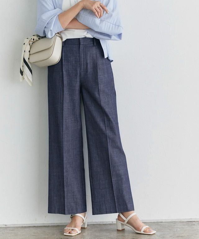 【ピエロ/Pierrot】のシャンブレーワイドパンツ インテリア・キッズ・メンズ・レディースファッション・服の通販 founy(ファニー) 　ファッション　Fashion　レディースファッション　Fashion for Women　パンツ　Pants & Trousers　シャンブレー　Chambray, Denim-Like Fabric　シンプル　Simple, Minimal　センター　Center, Center Line　プチプライス・低価格　Affordable / Budget Price　ルーズ　Loose, Oversized　ワイド　Wide, Wide Fit　167cm / ブルー / M|ID: prp329100004475668 ipo3291000000036120292