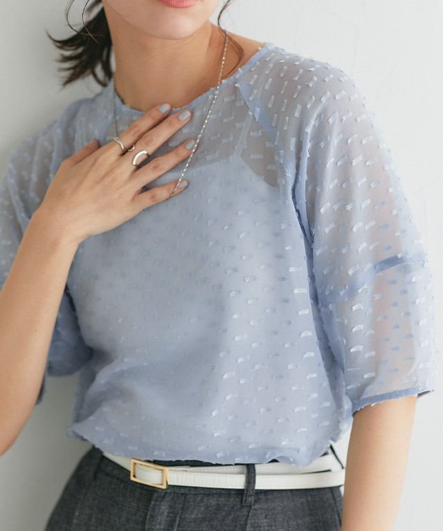 【ピエロ/Pierrot】のリボンフリンジジャカードブラウス インテリア・キッズ・メンズ・レディースファッション・服の通販 founy(ファニー) 　ファッション　Fashion　レディースファッション　WOMEN　トップス・カットソー　Tops/Tshirt　シャツ/ブラウス　Shirts/Blouses　2025年　2025　2025春夏・S/S　Ss,Spring/Summer,2025　シアー　Sheer　シンプル　Simple　フェミニン　Feminine　プチプライス・低価格　Affordable　167cm / ライトブルー / M|ID: prp329100004475681 ipo3291000000032366383