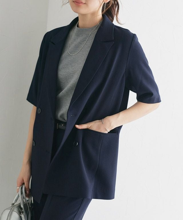 【ピエロ/Pierrot】の選べる接触冷感ハーフスリーブジャケット インテリア・キッズ・メンズ・レディースファッション・服の通販 founy(ファニー) 　ファッション　Fashion　レディースファッション　Fashion for Women　アウター　Coat / Outerwear Collection　レディースジャケット・軽アウター　Jackets　ジャケット　Jacket, Outerwear　ダブル　Double, Double-Breasted　テーラード　Tailored, Tailored Fit　プチプライス・低価格　Affordable / Budget Price　リネン　Linen, Linen Fabric　夏　Summer　166cm / A / ネイビー / M|ID: prp329100004481049 ipo3291000000036072894