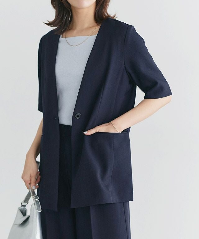 【ピエロ/Pierrot】の選べる接触冷感ハーフスリーブジャケット インテリア・キッズ・メンズ・レディースファッション・服の通販 founy(ファニー) 　ファッション　Fashion　レディースファッション　Fashion for Women　アウター　Coat / Outerwear Collection　レディースジャケット・軽アウター　Jackets　ジャケット　Jacket, Outerwear　ダブル　Double, Double-Breasted　テーラード　Tailored, Tailored Fit　プチプライス・低価格　Affordable / Budget Price　リネン　Linen, Linen Fabric　夏　Summer　167cm / B / ネイビー / M|ID: prp329100004481049 ipo3291000000036072899