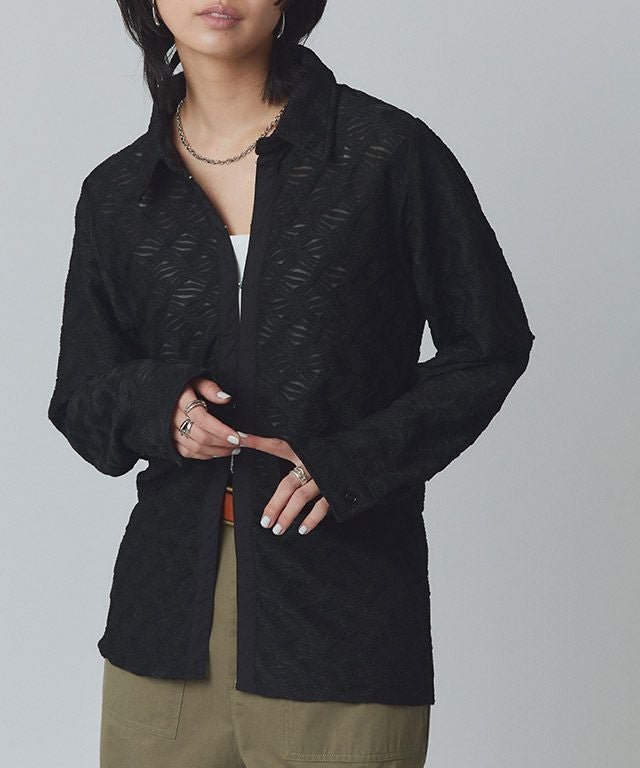 【ピエロ/Pierrot】のRASW カットレースジャカードシャツ インテリア・キッズ・メンズ・レディースファッション・服の通販 founy(ファニー) 　ファッション　Fashion　レディースファッション　Fashion for Women　トップス・カットソー　Cut & Sew Tops　シャツ・ブラウス・オフィスカジュアル　Elegant Blouses & Button-Ups　おすすめ　Recommended / Our Picks　インナー　Innerwear　スラックス　Slacks, Dress Pants　デニム　Denim, Jeans Material　トレンド　Trend, Trending Now　プチプライス・低価格　Affordable / Budget Price　レース　Lace, Lace Fabric　166cm / ブラック / M|ID: prp329100004485690 ipo3291000000036072998