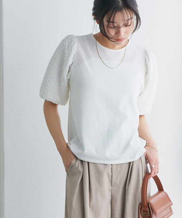 【ピエロ/Pierrot】のジャカードスリーブTシャツ インテリア・キッズ・メンズ・レディースファッション・服の通販 founy(ファニー) ファッション Fashion レディースファッション Fashion for Women トップス・カットソー Cut & Sew Tops シャツ・ブラウス・オフィスカジュアル Elegant Blouses & Button-Ups ロングTシャツ・Tシャツ Longline T-Shirts & Tees カットソー Cut and Sewn Top ジャカード/ジャガード Jacquard, Woven Pattern スリーブ Sleeve, Long Sleeve / Short Sleeve ドッキング Docking, Mixed Material フェミニン Feminine, Girly プチプライス・低価格 Affordable / Budget Price エレガント 上品 Elegant 167cm / オフホワイト / M|ID: prp329100004503395 ipo3291000000032040021