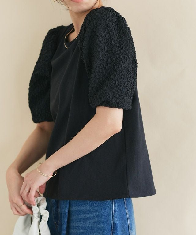 【ピエロ/Pierrot】のジャカードスリーブTシャツ 人気、トレンドファッション・服の通販 founy(ファニー) 　ファッション　Fashion　レディースファッション　Fashion for Women　トップス・カットソー　Cut & Sew Tops　シャツ・ブラウス・オフィスカジュアル　Elegant Blouses & Button-Ups　ロングTシャツ・Tシャツ　Longline T-Shirts & Tees　カットソー　Cut and Sewn Top　ジャカード／ジャガード　Jacquard, Woven Pattern　スリーブ　Sleeve, Long Sleeve / Short Sleeve　ドッキング　Docking, Mixed Material　フェミニン　Feminine, Girly　プチプライス・低価格　Affordable / Budget Price　エレガント 上品　Elegant　 other-1|ID: prp329100004503395 ipo3291000000036071829