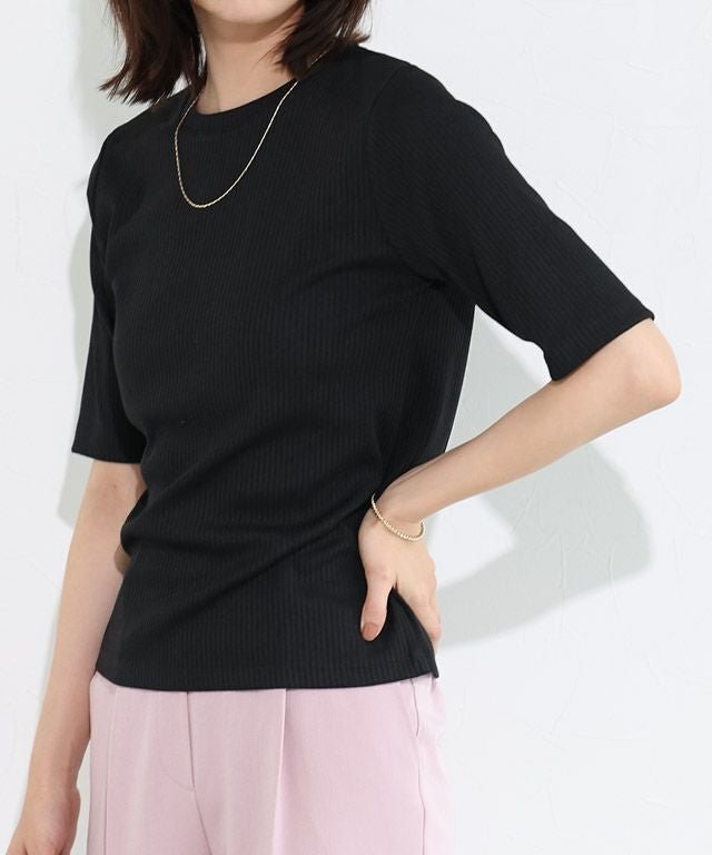 【ピエロ/Pierrot】の【キシリトール加工】袖が選べるリブカットソー インテリア・キッズ・メンズ・レディースファッション・服の通販 founy(ファニー) 　ファッション　Fashion　レディースファッション　Fashion for Women　トップス・カットソー　Cut & Sew Tops　カットソー・ベーシックTシャツ　Cut-and-Sewn Tops / Stretch Tees & Basics　コンパクト　Compact, Small Size　フレンチ　French, French Style　プチプライス・低価格　Affordable / Budget Price　エレガント 上品　Elegant　夏　Summer　167cm / ブラック / 五分袖 / M|ID: prp329100004503398 ipo3291000000036071853