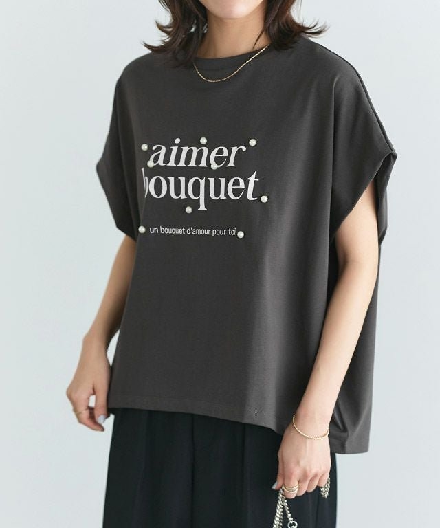 【ピエロ/Pierrot】のパールロゴドルマンコットンTシャツ インテリア・キッズ・メンズ・レディースファッション・服の通販 founy(ファニー) 　ファッション　Fashion　レディースファッション　Fashion for Women　トップス・カットソー　Cut & Sew Tops　シャツ・ブラウス・オフィスカジュアル　Elegant Blouses & Button-Ups　ロングTシャツ・Tシャツ　Longline T-Shirts & Tees　パール　Pearl, Pearl Accent　フェミニン　Feminine, Girly　プチプライス・低価格　Affordable / Budget Price　167cm / チャコール×オフホワイト / M|ID: prp329100004508248 ipo3291000000036072679