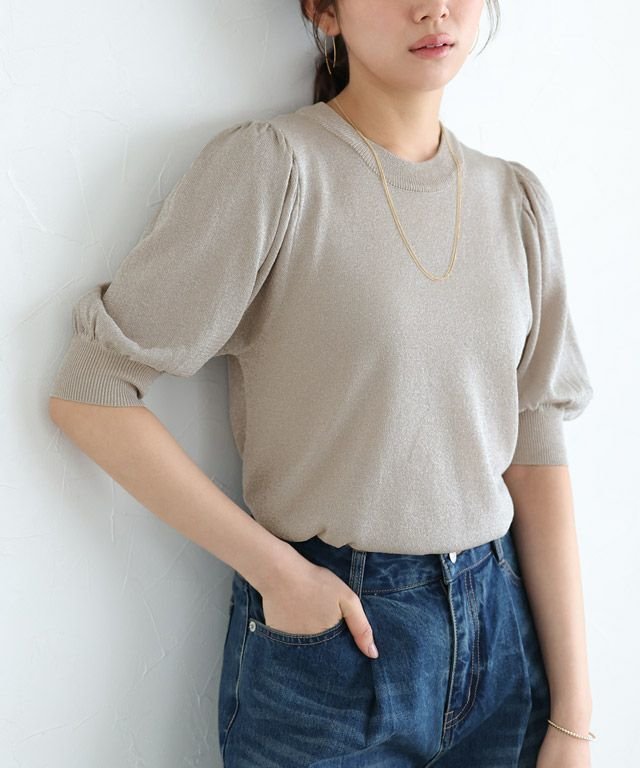 【ピエロ/Pierrot】の袖ボリュームラメシアーニット インテリア・キッズ・メンズ・レディースファッション・服の通販 founy(ファニー) 　ファッション　Fashion　レディースファッション　Fashion for Women　トップス・カットソー　Cut & Sew Tops　ニット　Knit Tops & Sweaters　インナー　Innerwear　キャミワンピース　Cami Dress, Slip Dress　シンプル　Simple, Minimal　トレンド　Trend, Trending Now　フェミニン　Feminine, Girly　プチプライス・低価格　Affordable / Budget Price　166cm / グレージュ / M|ID: prp329100004508250 ipo3291000000032589208