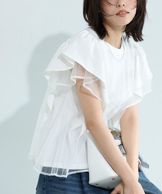 【ピエロ/Pierrot】のチュールドッキングフレアコットンTシャツ インテリア・キッズ・メンズ・レディースファッション・服の通販 founy(ファニー) 　ファッション　Fashion　レディースファッション　WOMEN　トップス・カットソー　Tops/Tshirt　シャツ/ブラウス　Shirts/Blouses　ロング / Tシャツ　T-Shirts　送料無料　Free Shipping　2025年　2025　2025春夏・S/S　Ss,Spring/Summer,2025　おすすめ　Recommend　カットソー　Cut And Sew　チュール　Tulle　フェミニン　Feminine　フリル　Frills　プチプライス・低価格　Affordable　チュールドッキングフレアコットンTシャツ|ID: prp329100004516479 ipo3291000000031917679