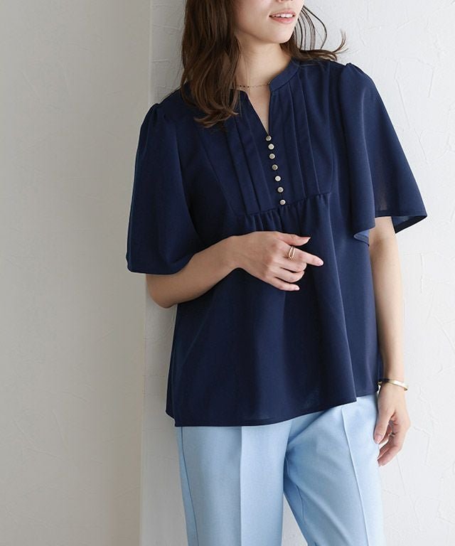 【ピエロ/Pierrot】のフレアスリーブブザムTブラウス インテリア・キッズ・メンズ・レディースファッション・服の通販 founy(ファニー) ファッション Fashion レディースファッション Fashion for Women トップス・カットソー Cut & Sew Tops シャツ・ブラウス・オフィスカジュアル Elegant Blouses & Button-Ups カットソー Cut and Sewn Top ジョーゼット Georgette, Semi-Sheer Fabric フレア Flare, Flared プチプライス・低価格 Affordable / Budget Price 167cm / ネイビー / M|ID: prp329100004524386 ipo3291000000036125271