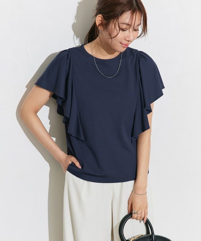 【ピエロ/Pierrot】の接触冷感ラッフルTシャツ【UVカット】 インテリア・キッズ・メンズ・レディースファッション・服の通販 founy(ファニー) 　ファッション　Fashion　レディースファッション　Fashion for Women　トップス・カットソー　Cut & Sew Tops　シャツ・ブラウス・オフィスカジュアル　Elegant Blouses & Button-Ups　ロングTシャツ・Tシャツ　Longline T-Shirts & Tees　送料無料　Free Shipping　2025年　2025　2025春夏・S/S　Spring/Summer 2025 SS25　カットソー　Cut and Sewn Top　シンプル　Simple, Minimal　プチプライス・低価格　Affordable / Budget Price　ラッフル　Ruffle, Frill　エレガント 上品　Elegant　166cm / ネイビー / M|ID: prp329100004535538 ipo3291000000032604827