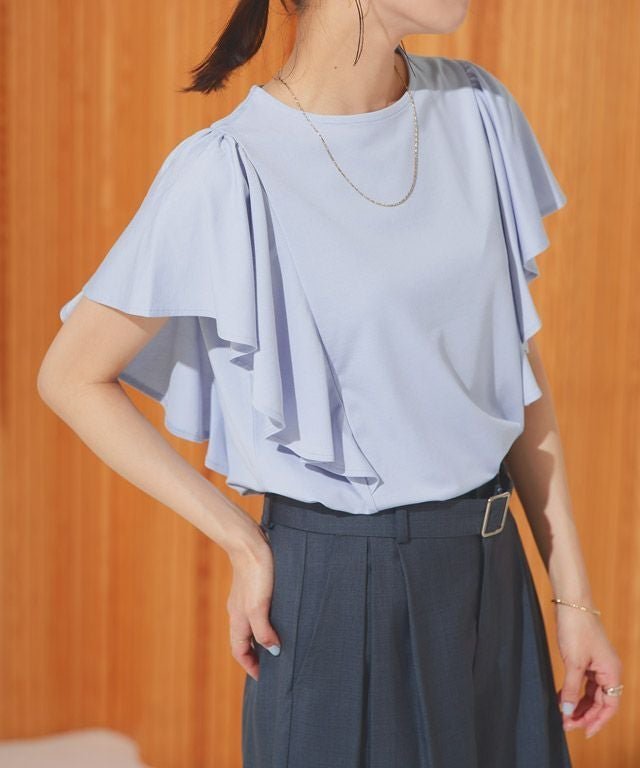 【ピエロ/Pierrot】の接触冷感ラッフルTシャツ インテリア・キッズ・メンズ・レディースファッション・服の通販 founy(ファニー) 　ファッション　Fashion　レディースファッション　Fashion for Women　トップス・カットソー　Cut & Sew Tops　シャツ・ブラウス・オフィスカジュアル　Elegant Blouses & Button-Ups　ロングTシャツ・Tシャツ　Longline T-Shirts & Tees　カットソー　Cut and Sewn Top　シンプル　Simple, Minimal　プチプライス・低価格　Affordable / Budget Price　ラッフル　Ruffle, Frill　エレガント 上品　Elegant　167cm / ライトブルー / M|ID: prp329100004535538 ipo3291000000036072382