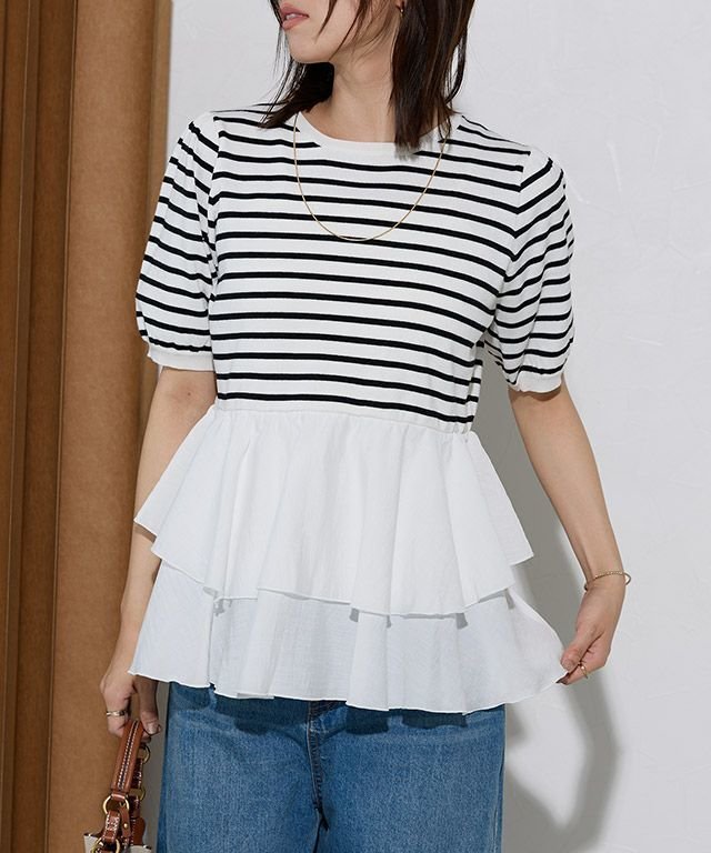 【ピエロ/Pierrot】の布帛ドッキングペプラムニット 人気、トレンドファッション・服の通販 founy(ファニー) 　ファッション　Fashion　レディースファッション　WOMEN　トップス・カットソー　Tops/Tshirt　ニット　Knit Tops　送料無料　Free Shipping　2025年　2025　2025春夏・S/S　Ss,Spring/Summer,2025　ドッキング　Docking　フェミニン　Feminine　プチプライス・低価格　Affordable　ボーダー　Border　夏　Summer　春　Spring　S/S・春夏　Ss・Spring/Summer　 other-1|ID: prp329100004547971 ipo3291000000032140131