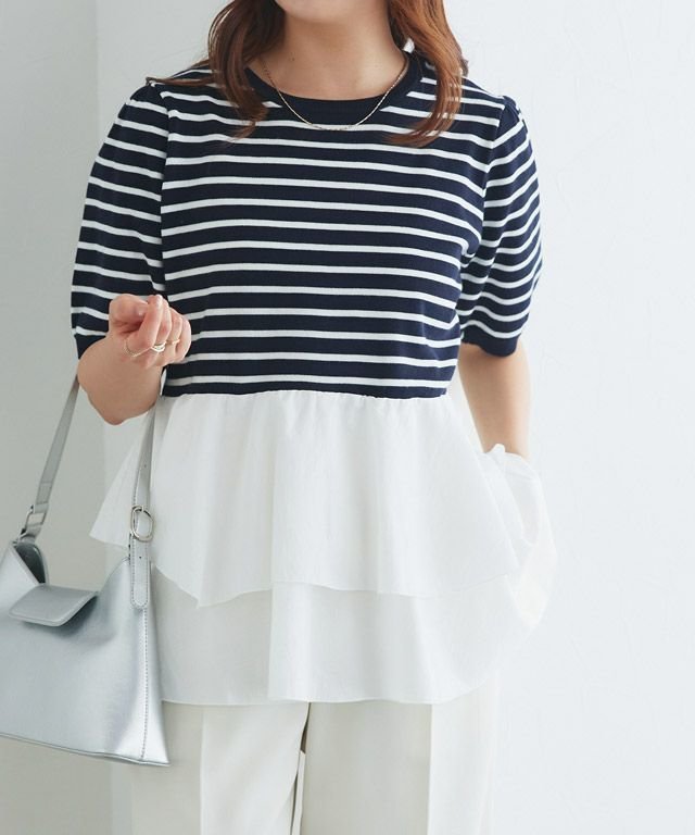 【ピエロ/Pierrot】の布帛ドッキングペプラムニット インテリア・キッズ・メンズ・レディースファッション・服の通販 founy(ファニー) 　ファッション　Fashion　レディースファッション　WOMEN　トップス・カットソー　Tops/Tshirt　ニット　Knit Tops　送料無料　Free Shipping　2025年　2025　2025春夏・S/S　Ss,Spring/Summer,2025　ドッキング　Docking　フェミニン　Feminine　プチプライス・低価格　Affordable　ボーダー　Border　夏　Summer　春　Spring　S/S・春夏　Ss・Spring/Summer　157cm / ネイビー×オフホワイト / M|ID: prp329100004547971 ipo3291000000032140136