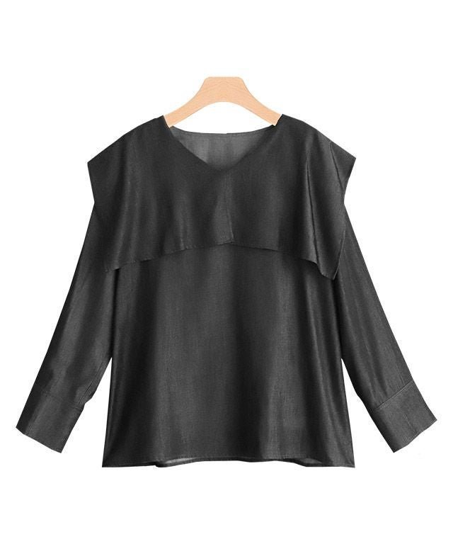 【ピエロ/Pierrot】のデニム風ビッグカラーブラウス 人気、トレンドファッション・服の通販 founy(ファニー) 　ファッション　Fashion　レディースファッション　Fashion for Women　トップス・カットソー　Cut & Sew Tops　シャツ・ブラウス・オフィスカジュアル　Elegant Blouses & Button-Ups　カフス　Cuff Design　サテン　Satin, Glossy Fabric　デニム　Denim, Jeans Material　トレンド　Trend, Trending Now　フェミニン　Feminine, Girly　フレア　Flare, Flared　プチプライス・低価格　Affordable / Budget Price　 other-1|ID: prp329100004562584 ipo3291000000036070725